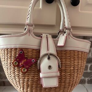 Vintage Coach (6270) Straw Tote with White Trim and Pink Butterfly Accent